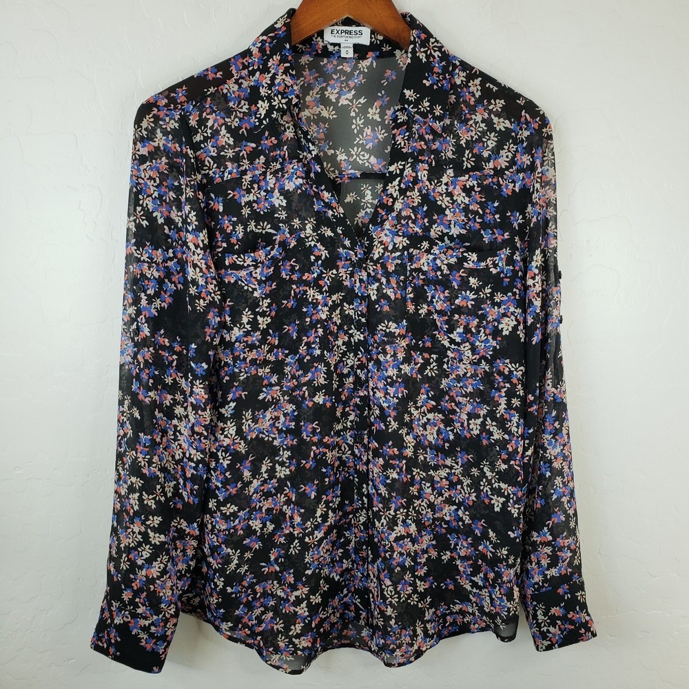 Express Portofino Blouse Shirt Women's Medium Black Floral Long Tab Sleeve - Picture 5 of 11